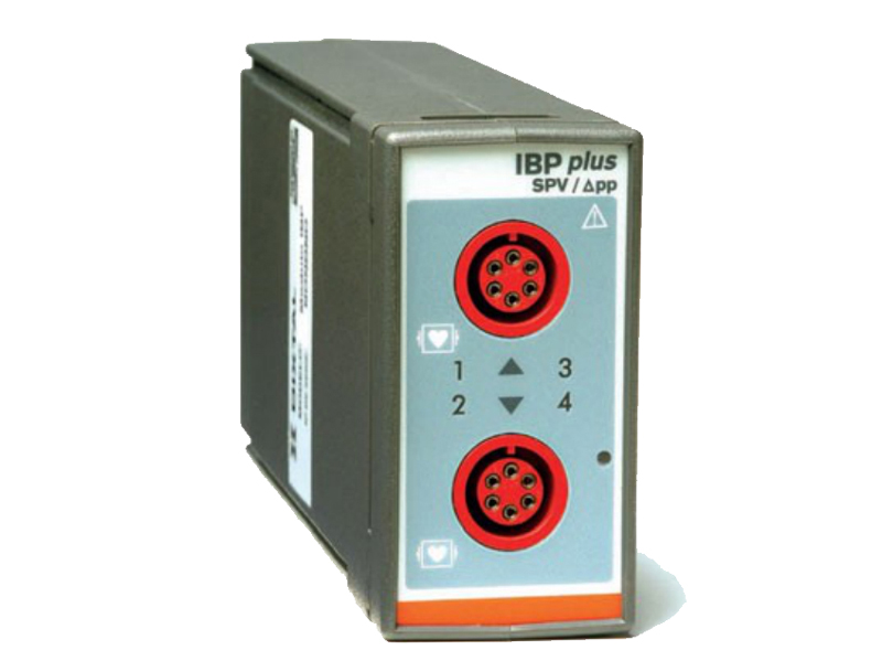 Módulo IBP de Pressão Invasiva com 02 Canais (IBP Plus) com indicação das pressões sistólica, média e diastólica. Identificação do canal de pressão utilizado: PAI, PVC, PAD, PAE, PAP, PCP e PIC.