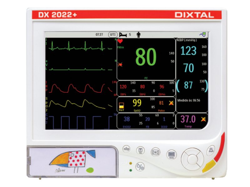 Oxicapnografo DX2022+ DIXTAL com monitor leve, compacto e facilmente transportável. Permite o acompanhamento da evolução do paciente com configurações para cada ambiente (UTI, Centro Cirúrgico, Pronto-Atendimento e Diagnóstico) e paciente.